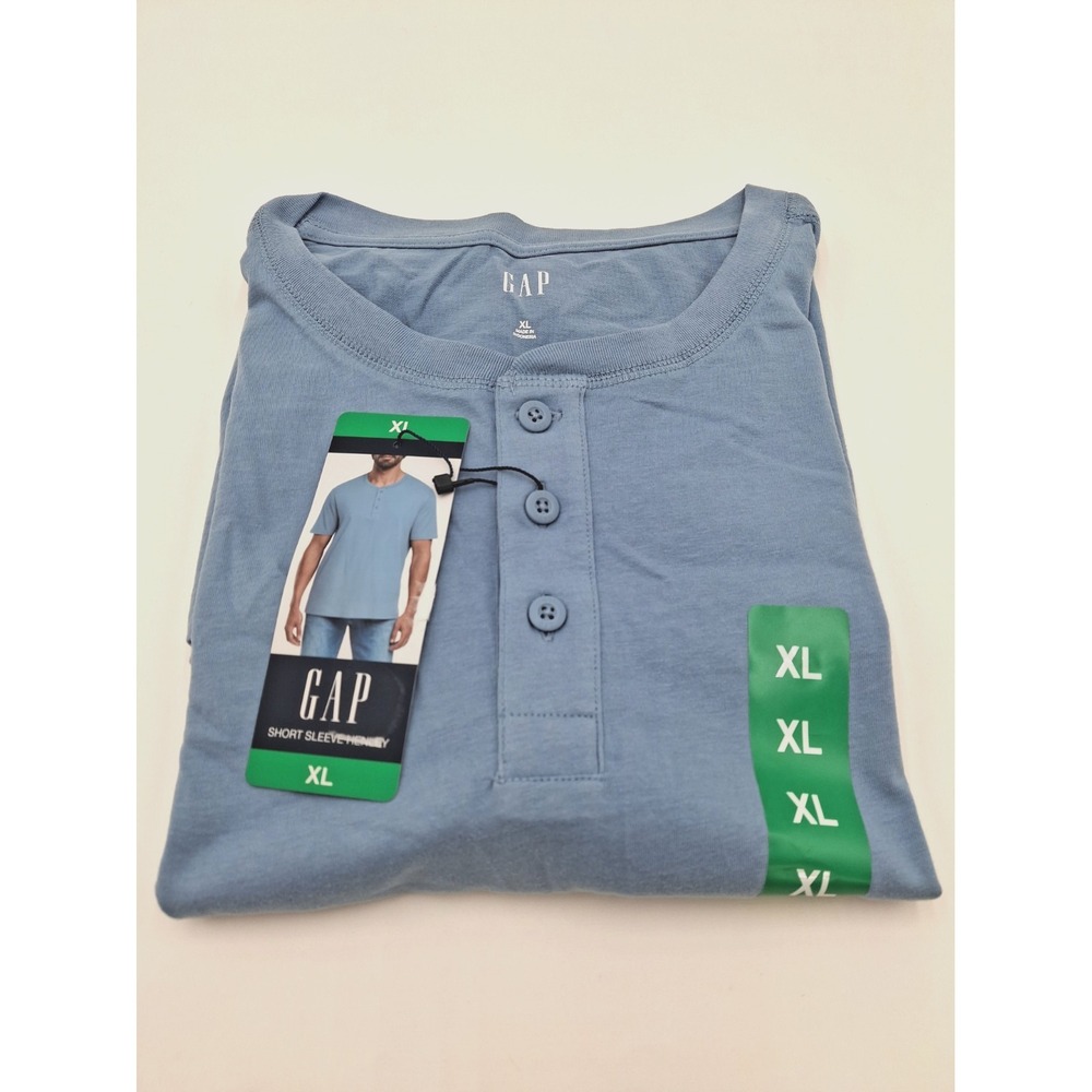 Gap Short Sleeve Henley Tee Men 100% Cotton, Blue, XL, New